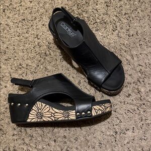 Corkys Black and Tan Wedge Sandals